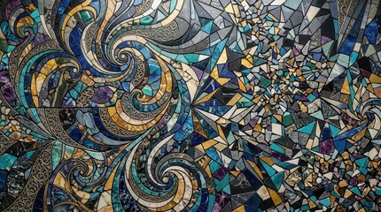 Fototapeta premium Abstract mosaic artwork featuring swirling patterns and fractured tiles representing emotional chaos