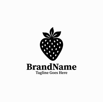 Black image vector logo silhouette of natural strawberry fruit symbol on white background