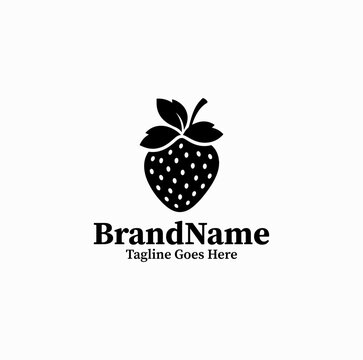 Black image vector logo of organic strawberry fruit for juice bar menu on white background