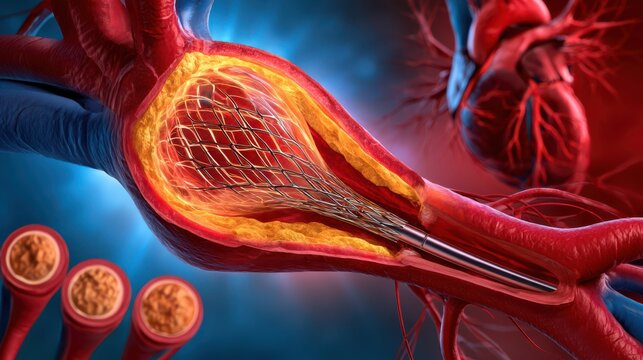 A detailed 3D illustration of a stent expanding inside a clogged artery near the heart to restore blood flow and prevent cardiovascular disease.