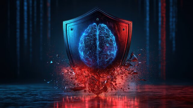 A digital shield protects a glowing blue brain, symbolizing cybersecurity and mental defense amid a dark, futuristic environment with red and blue lighting effects.