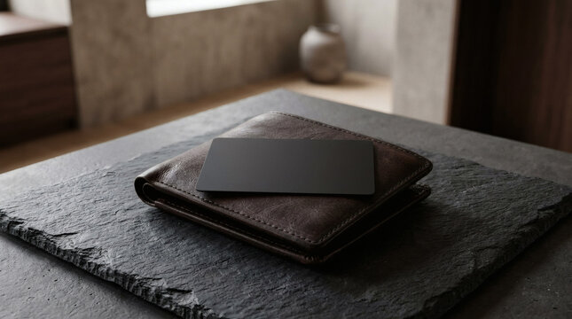 Brown leather wallet with a blank black card on a dark slate surface, ideal for financial, business, or luxury branding mockups in a modern setting.