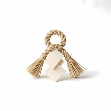 Traditional Japanese straw shimenawa ornament with paper shide isolated on white background