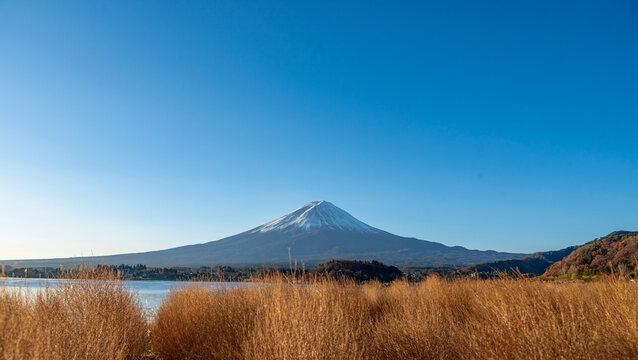 Mount Fuji, the iconic symbol of Japan, during the season of autumn foliage, a period of exceptional beauty.kawaguchiko,japan.