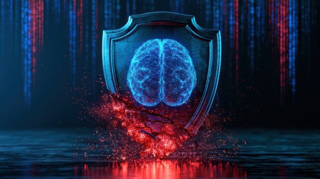 A digital brain is protected by a futuristic shield with red digital particles scattering below, symbolizing cybersecurity and data protection.