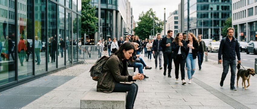 Sad young woman sitting alone on city sidewalk bench while people walk past her representing emotional isolation and mental health struggles
