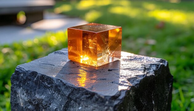 Glowing amber cube on dark stone in sunlight