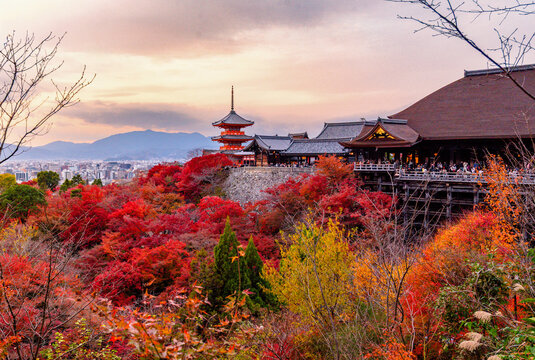 Panoramic View from Kiyomizu-dera Temple, Historic Buddhist Landmark and Popular Tourist Attraction in Kyoto, Japan