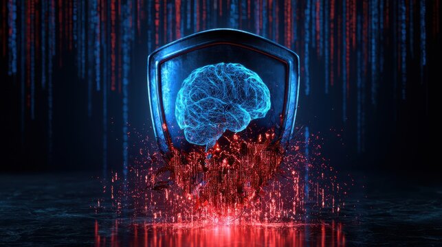 A digital shield with a glowing blue brain illustration defends against falling red binary code, symbolizing cybersecurity and AI protection in a futuristic setting.