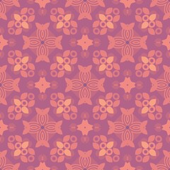 Soft floral pattern in warm pink and mauve tones. Symmetrical design repeats across seamless background. Petals and geometric shapes create gentle visual rhythm. Ideal for fashion, home decor © PenguinWinter