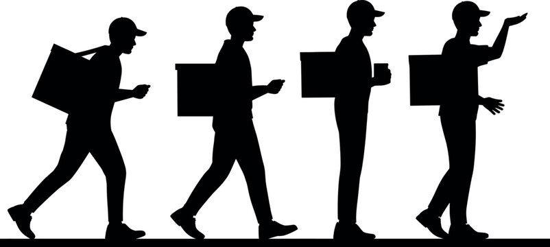 Delivery man silhouettes set carrying backpacks and boxes isolated on white background vector graphic illustration