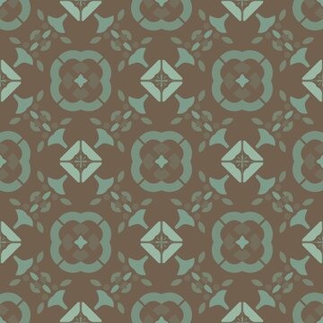 Earthy pattern with geometric, symmetrical, repeating designs. Muted greens and browns create a calm, vintage aesthetic. Floral-inspired motifs interlace with diamond and leaf shapes