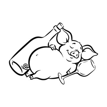 Drunk Pig Sleeping Next to Wine Bottle and Glass.