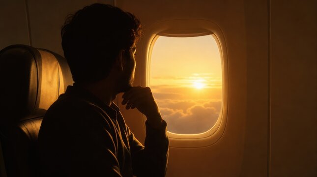 A man gazes thoughtfully out an airplane window at a golden sunset above the clouds.
