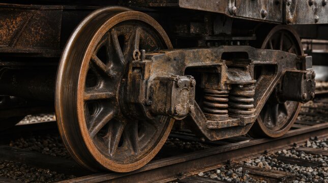 Close-up of rusty, weathered train wheels and suspension on old railway tracks, highlighting industrial decay and mechanical details.