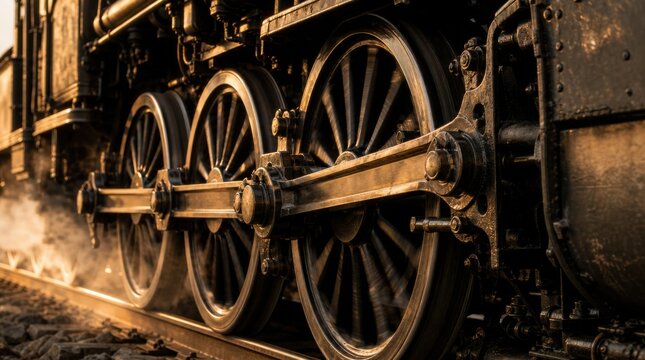 Close-up of vintage steam locomotive wheels and connecting rods on railway tracks, highlighting the intricate mechanical details in warm lighting.