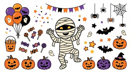 Fototapeta premium Cute Mummy Halloween Celebration Illustration with Balloons, Ghosts, Bats and Colorful Festive Decorations