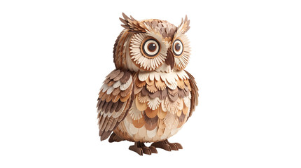 Fototapeta premium Handcrafted wooden owl figurine, rustic carved bird sculpture with layered timber feathers, decorative brown owl statue on white background