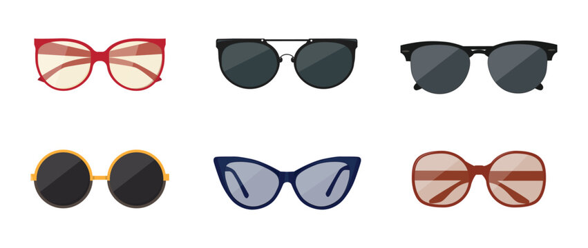 Trendy sunglasses collection vector set, modern stylish eye wear frame icons, cat eye, round, and classic sun glasses isolated on white background for summer fashion design.
