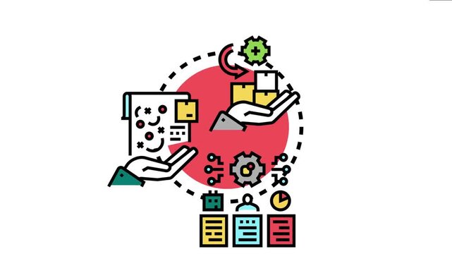 Hands managing boxes and data, visualizing an efficient supply chain for bulk acquisition, incorporating planning, delivery, and technological optimization within a business framework
