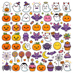 Fototapeta premium Set of cute Halloween stickers with ghosts pumpkins bats spiders and sweets.