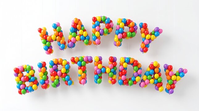 Colorful candy-coated chocolates spelling out the words Happy Birthday on white background.