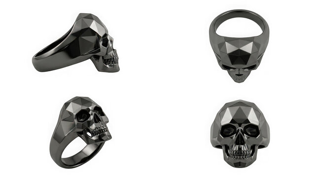 Black geometric polygon skull ring isolated on transparent background