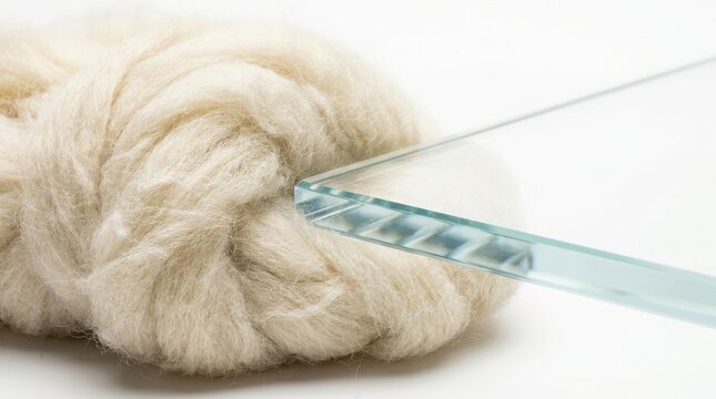 Soft white wool yarn ball being pierced by a sharp glass rod with knitting ball yarn skein pierced material textile craft white background soft fiber transparent knitting material delicate