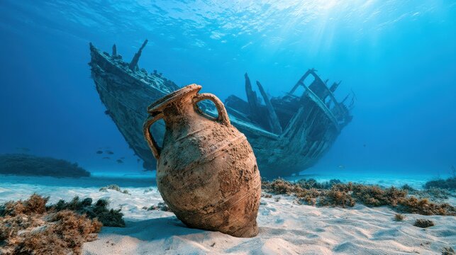 An ancient amphora lies on the ocean floor near a large sunken wooden shipwreck surrounded by marine life and clear blue water.
