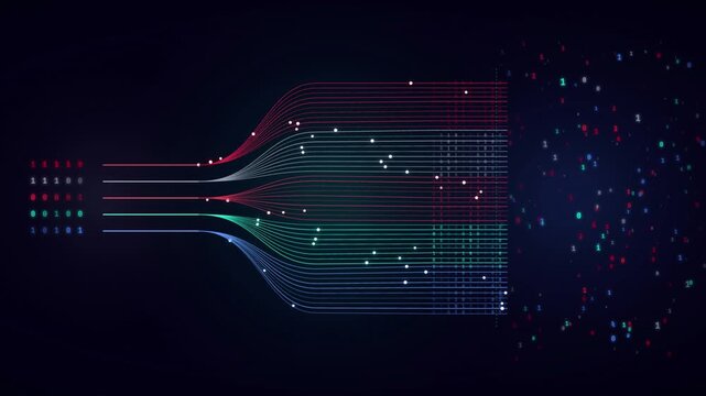 Data processing flow chart with binary code and network lines on a dark background