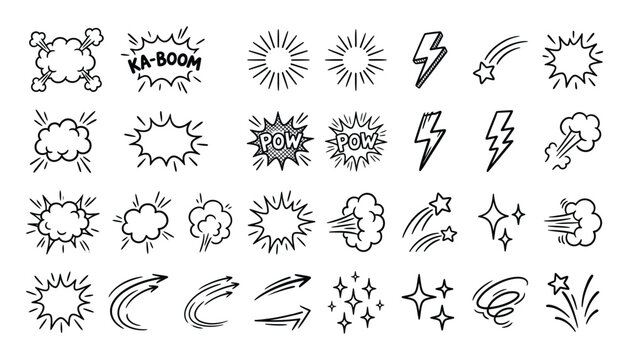 Set of hand drawn comic book explosion, speed lines, lightning, and star sparkle elements