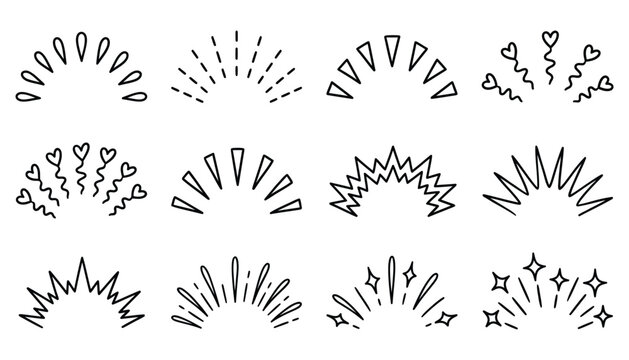 Set of hand drawn doodle sunbursts, sparkle and starburst elements