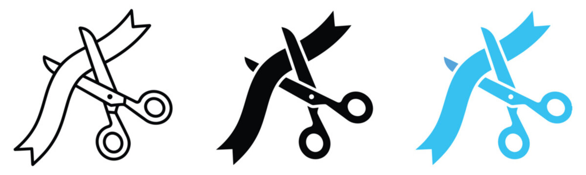 Grand Opening Scissors Cutting Ribbon Vector Icon Set, New Business Launch Ceremony Announcement Symbols Collection in Outline Silhouette and Blue Styles for Event Promotion Graphic Design