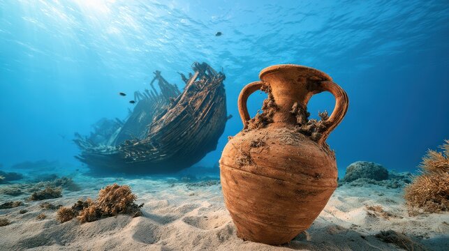 Underwater scene featuring an ancient amphora and a wooden shipwreck resting on the ocean floor amidst coral and sand.
