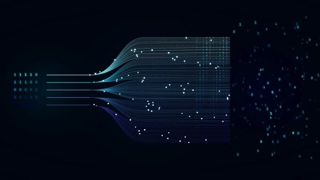 Data processing flow visualization with digital binary code patterns on dark background
