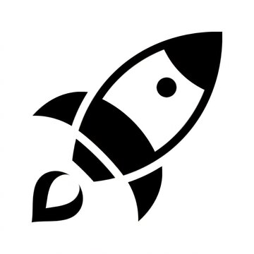 Solid black glyph icon vector of a rocket flying diagonally with flame exhaust, symbolizing business startup, growth, and speed.