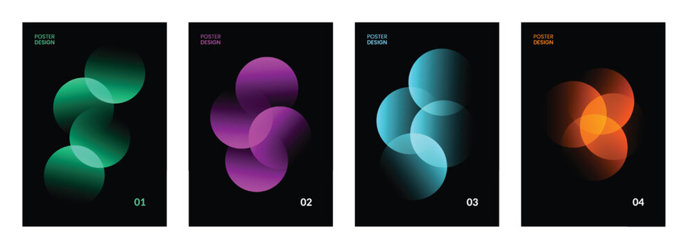 Abstract gradient circles poster template set vector modern minimal cover design collection with colorful transparent overlapping geometric sphere elements isolated on dark black background