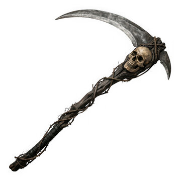 Grim reapers scythe with skull and thorny vines isolated on transparent background