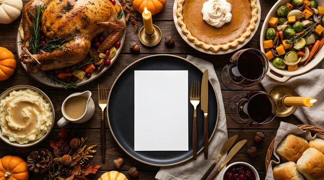 A beautifully arranged thanksgiving feast showcases a roasted turkey pumpkin pie and an array of delicious side dishes creating a warm and inviting