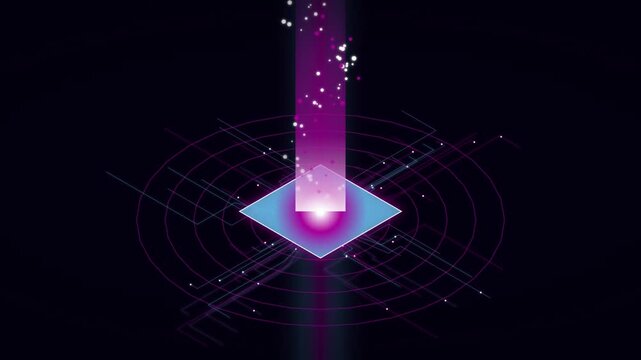 Isometric digital interface with glowing purple light beams and futuristic circular grid patterns