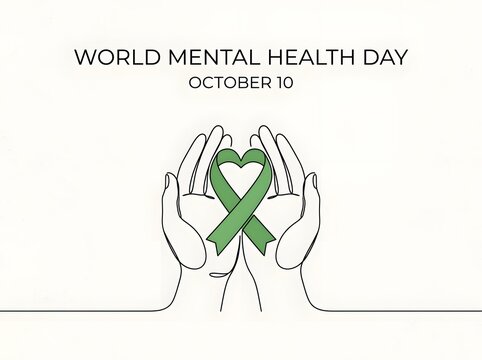 World Mental Health Day concept with hands holding a green ribbon heart.