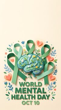 World Mental Health Day illustration with paper craft brain and green ribbons.