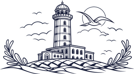 Fototapeta premium Lighthouse on a rocky island with a seagull flying in front of a sun, surrounded by stylized waves and laurel branches on white
