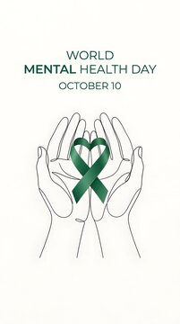 Conceptual illustration for World Mental Health Day with green ribbon held in hands.