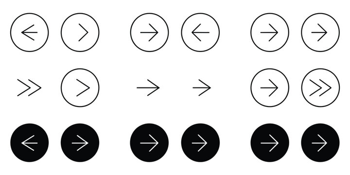 Arrow Button Icons, Website Slider Navigation, Next and Previous Rounded Buttons, App Interface Controls, and Web Navigation Symbols