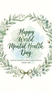 Happy World Mental Health Day greeting card with watercolor botanical wreath and elegant calligraphy.