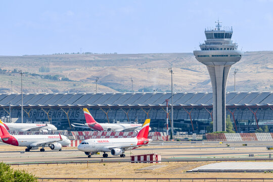 Madrid, Spain - August 23, 2026: An Iberia airlines plane taking off from Adolfo Suarez Madrid Barajas Airport in Madrid, Spain.