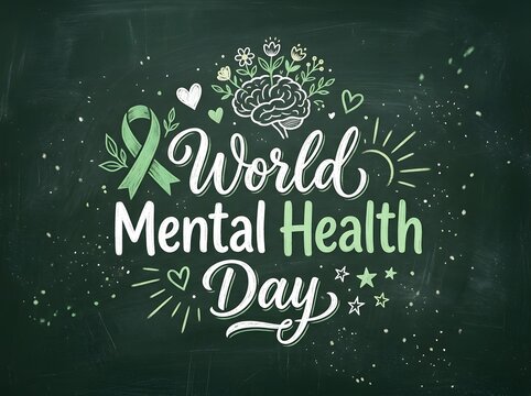 Hand drawn chalk lettering for World Mental Health Day with brain and ribbon illustration.