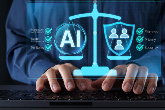 AI governance and regulatory compliance system. Responsible AI and data protection. Businessman typing computer keyboard. Scales of justice icon.