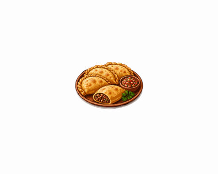 traditional Chilean empanadas served on a plate. The half-moon pastries feature golden-brown baked crusts filled with seasoned minced meat, accompanied by fresh salsa and herbs.